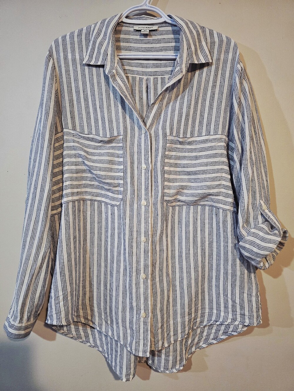 Pure Navy Blue and White Striped Button-Front Shirt 100% Linen Ladies